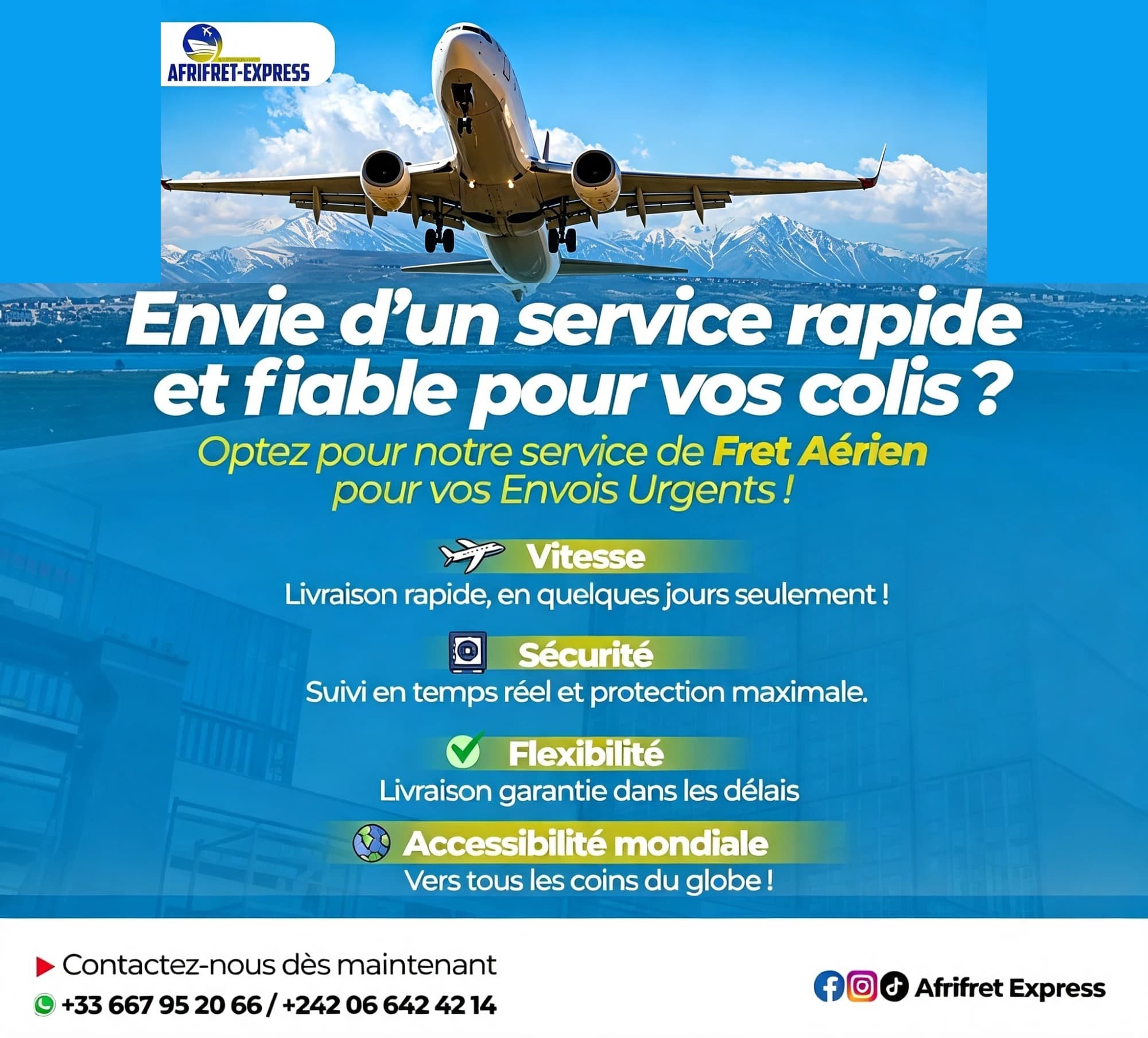 Affiche Afrifret Express : avion cargo au décollage au-dessus de montagnes enneigées, service de fret aérien rapide et fiable