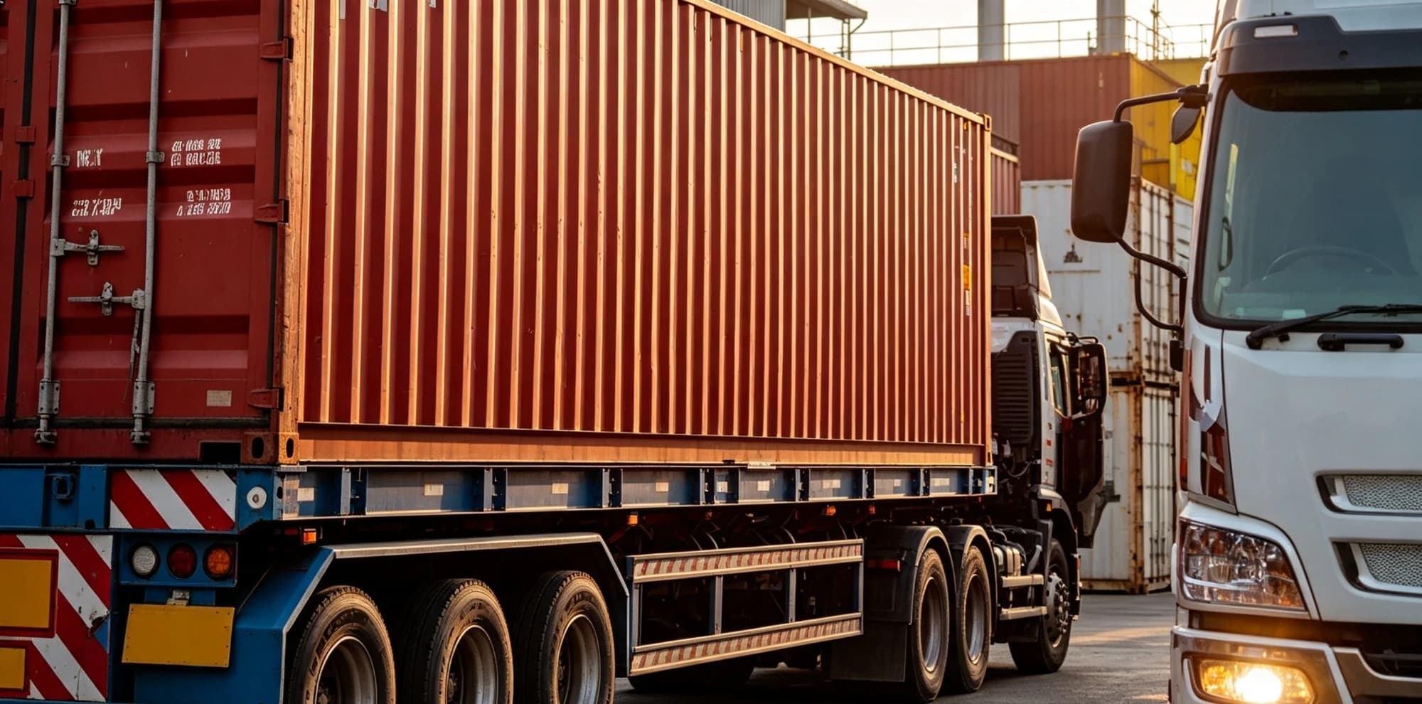 Camions porte-conteneurs chargés sur un terminal, au coucher du soleil